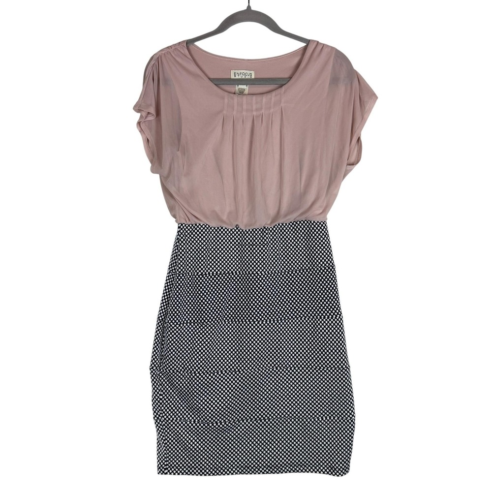 En Focus Studio Dress Womens 8 Pink Black Polka Dot Blouson Pencil Knee Length